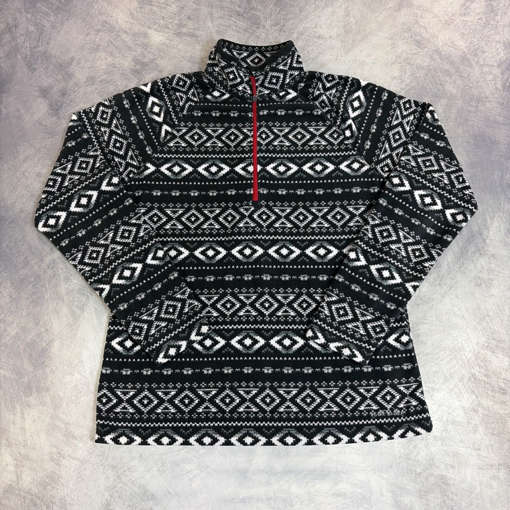 Eddie Bauer Fleece Pullover Womens L Black White Fair Isle Quarter Zip Geometric
